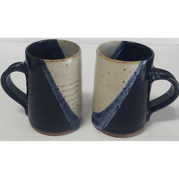 Beaver Creek Pottery Mug Set (2) Glazed Grey/Tan/Navy Drip Textured 4.625" Tall - Picture 2 of 9
